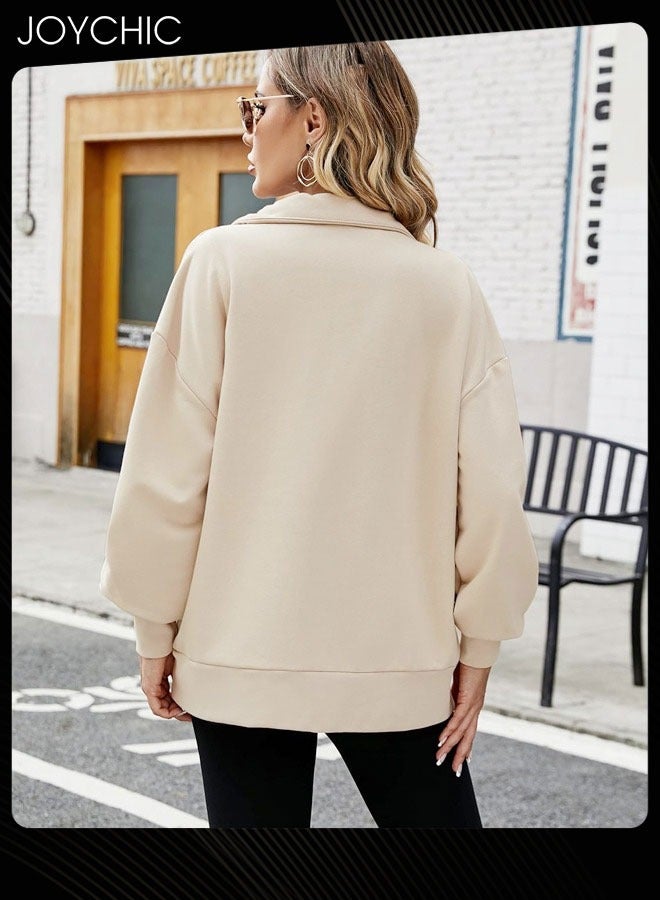Joychic كنزة نسائية دافئة بأكمام طويلة ومزرار نصف بطول الشتاء والخريف بنمط سادة من الفليس، مقاومة للرياح، خارجية، باللون البيج - Image 4