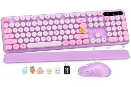 SABLUTE Wireless Keyboard and Mouse Combo Round Keycaps FullSize Retro Typewriter Keyboard with Magnetic Wrist Rest Sleep Mode Tilt Legs 24GHz Cordless Connection for MacWindowsPC Lavender Purple - Image 1
