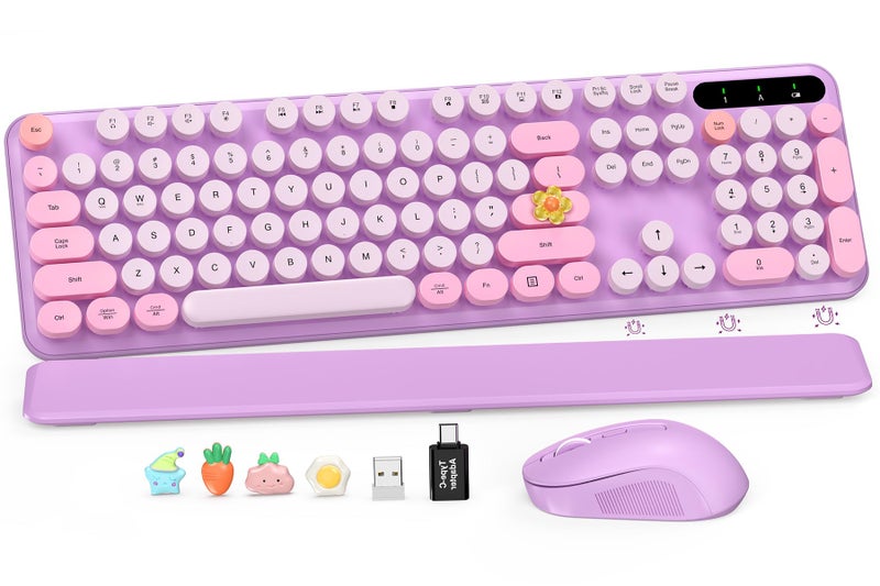 SABLUTE Wireless Keyboard and Mouse Combo Round Keycaps FullSize Retro Typewriter Keyboard with Magnetic Wrist Rest Sleep Mode Tilt Legs 24GHz Cordless Connection for MacWindowsPC Lavender Purple - Image 2