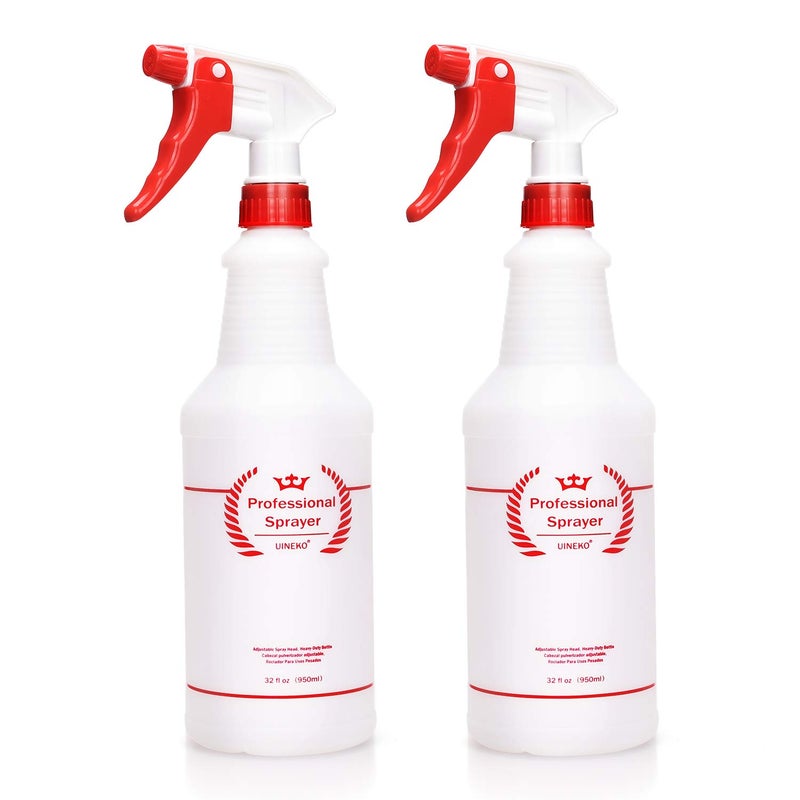 Uineko Plastic Spray Bottle 2 Pack, 32 Oz, All-Purpose Heavy Duty Spraying Bottles Leak Proof Mist Empty Water Sprayer for Cleaning Solution, Essential Oils, Hair, Planting, Pet with Adjustable Nozzle - Red - Image 1