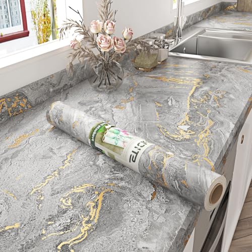 STICKEEP Matte GoldGrey Marble Contact Paper for Countertops Waterproof Marble Peel and Stick Wallpaper Self Adhesive Removable Kitchen Countertop Vinyl Wrap for Tables Bathroom Cabinets 177x120 - Image 1