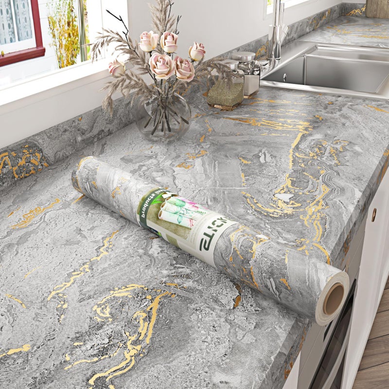 STICKEEP Matte GoldGrey Marble Contact Paper for Countertops Waterproof Marble Peel and Stick Wallpaper Self Adhesive Removable Kitchen Countertop Vinyl Wrap for Tables Bathroom Cabinets 177x120 - Image 2