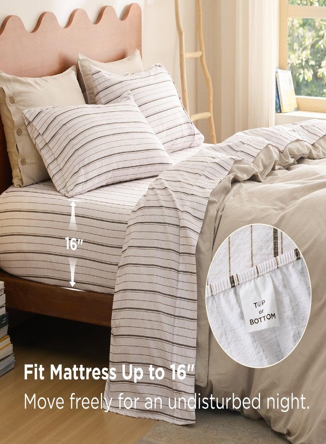 Bedsure Striped Sheets Queen Size - Fits Mattresses Up to 16" Deep - 4 Piece Breathable Bed Sheets, Imitation Cotton Textured Jacquard Bedding Sheet Set, Dobby Stripe Bedsheet & Pillowcases，Beige - Image 4