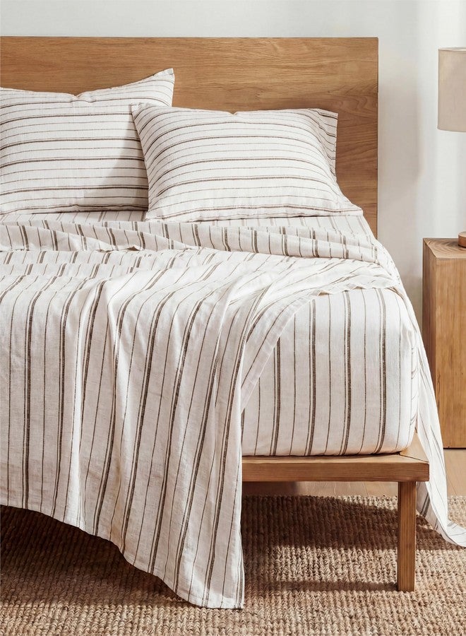 Bedsure Striped Sheets Queen Size - Fits Mattresses Up to 16" Deep - 4 Piece Breathable Bed Sheets, Imitation Cotton Textured Jacquard Bedding Sheet Set, Dobby Stripe Bedsheet & Pillowcases，Beige - Image 1