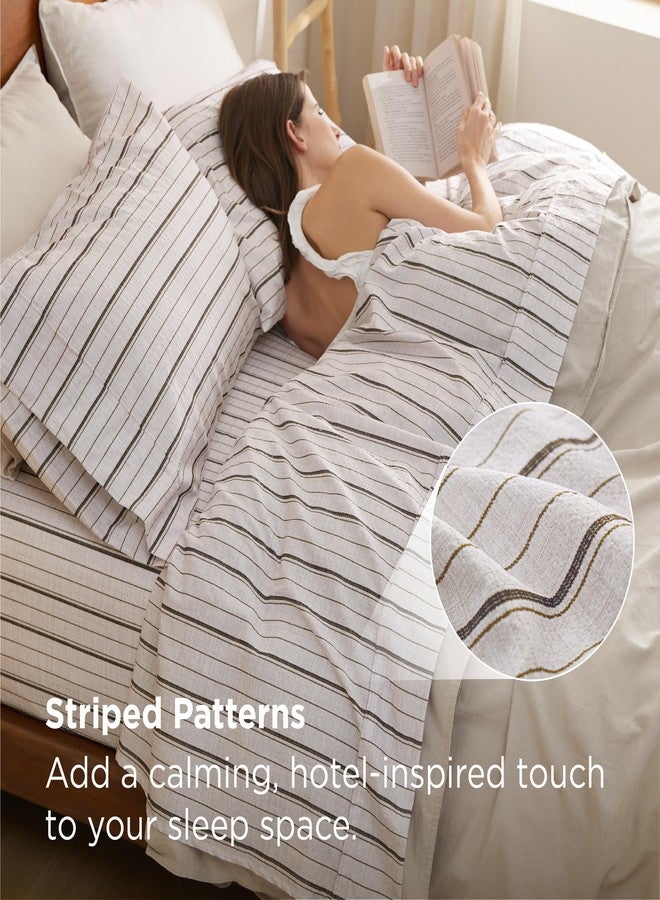 Bedsure Striped Sheets Queen Size - Fits Mattresses Up to 16" Deep - 4 Piece Breathable Bed Sheets, Imitation Cotton Textured Jacquard Bedding Sheet Set, Dobby Stripe Bedsheet & Pillowcases，Beige - Image 2
