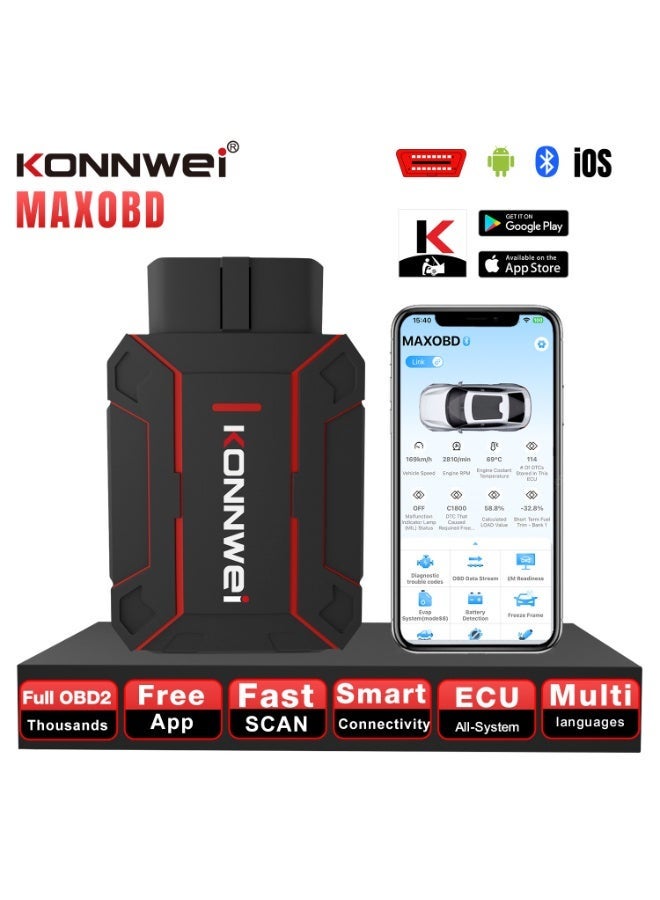 Konnwei Full system Bluetooth Car Diagnostic Scanner,KONNWEI MAXOBD Scanner, OBD2 Scanner Bluetooth, Full System Car Diagnostic Scanner Tool, Check Engine Code Reader, Voltage Test, I/M Readiness, Data Stream, AutoVIN, No Subscription & Exclusive APP for iOS & Android - Image 1