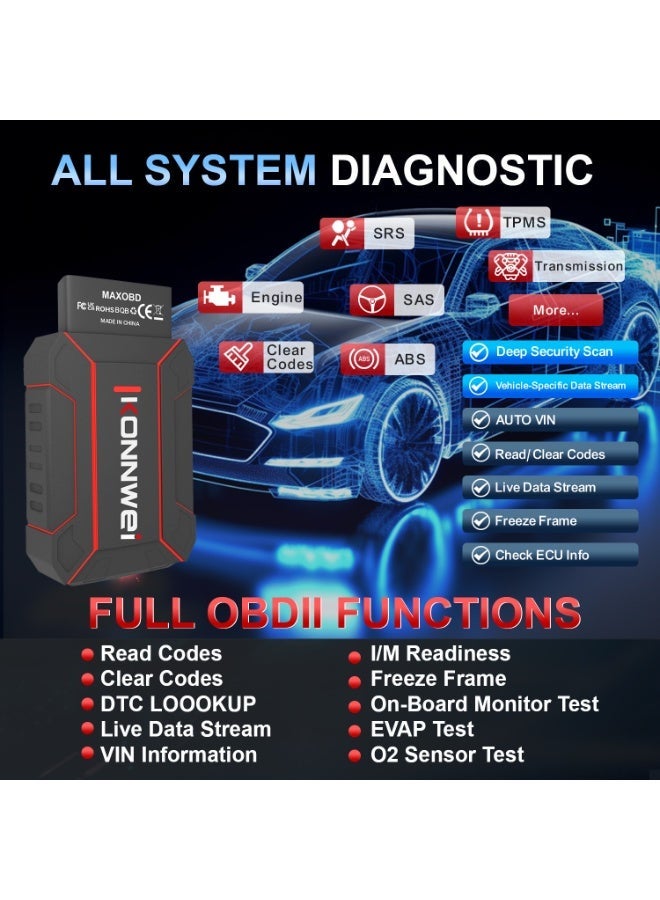 Konnwei Full system Bluetooth Car Diagnostic Scanner,KONNWEI MAXOBD Scanner, OBD2 Scanner Bluetooth, Full System Car Diagnostic Scanner Tool, Check Engine Code Reader, Voltage Test, I/M Readiness, Data Stream, AutoVIN, No Subscription & Exclusive APP for iOS & Android - Image 4