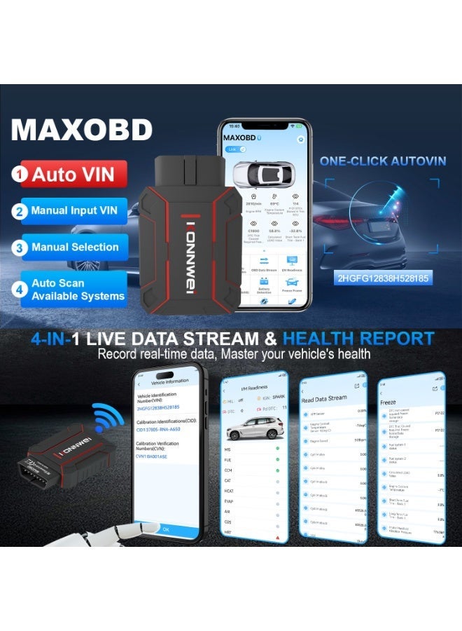 Konnwei Full system Bluetooth Car Diagnostic Scanner,KONNWEI MAXOBD Scanner, OBD2 Scanner Bluetooth, Full System Car Diagnostic Scanner Tool, Check Engine Code Reader, Voltage Test, I/M Readiness, Data Stream, AutoVIN, No Subscription & Exclusive APP for iOS & Android - Image 3