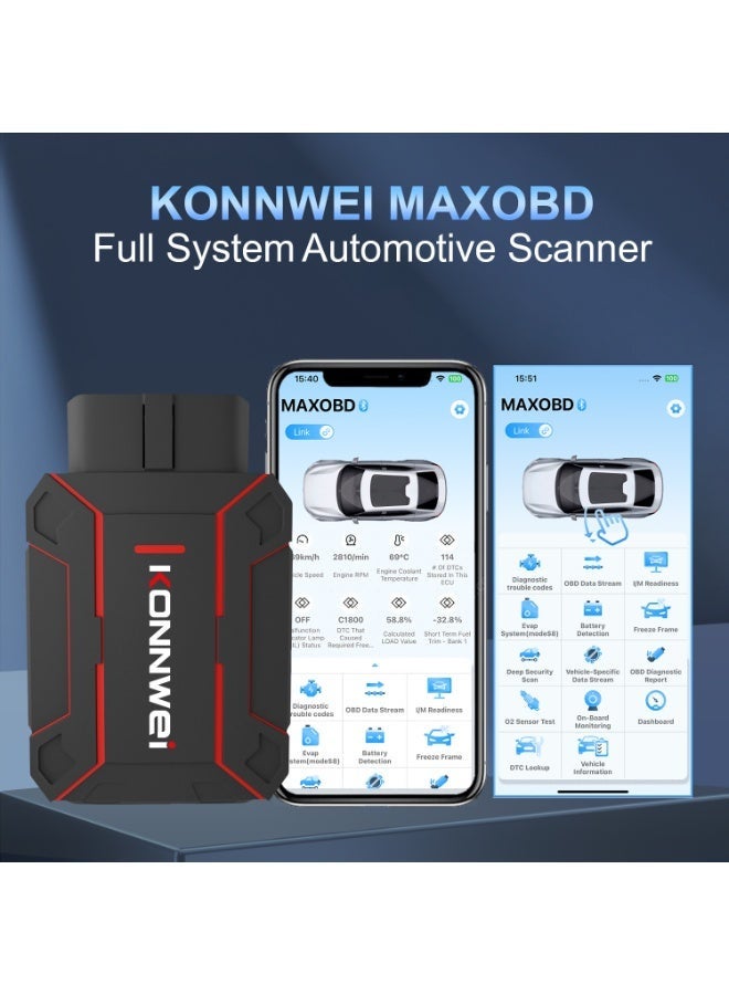Konnwei Full system Bluetooth Car Diagnostic Scanner,KONNWEI MAXOBD Scanner, OBD2 Scanner Bluetooth, Full System Car Diagnostic Scanner Tool, Check Engine Code Reader, Voltage Test, I/M Readiness, Data Stream, AutoVIN, No Subscription & Exclusive APP for iOS & Android - Image 2