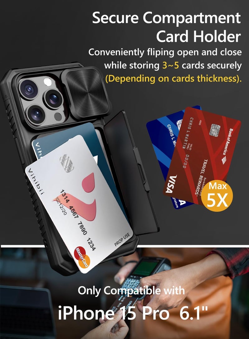 Vihibii for iPhone 15 Pro Case with Card Holder (4 Cards) & Slide Camera Cover & Kickstand, Shockproof Rugged Hard Back & TPU Soft Edge Wallet Phone Case for iPhone 15 Pro 5G 6.1" 2023, Black - Image 3