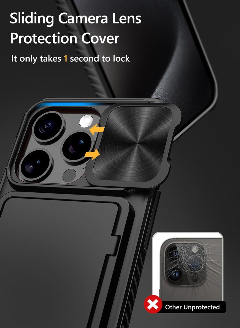 Vihibii for iPhone 15 Pro Case with Card Holder (4 Cards) & Slide Camera Cover & Kickstand, Shockproof Rugged Hard Back & TPU Soft Edge Wallet Phone Case for iPhone 15 Pro 5G 6.1" 2023, Black - Image 2