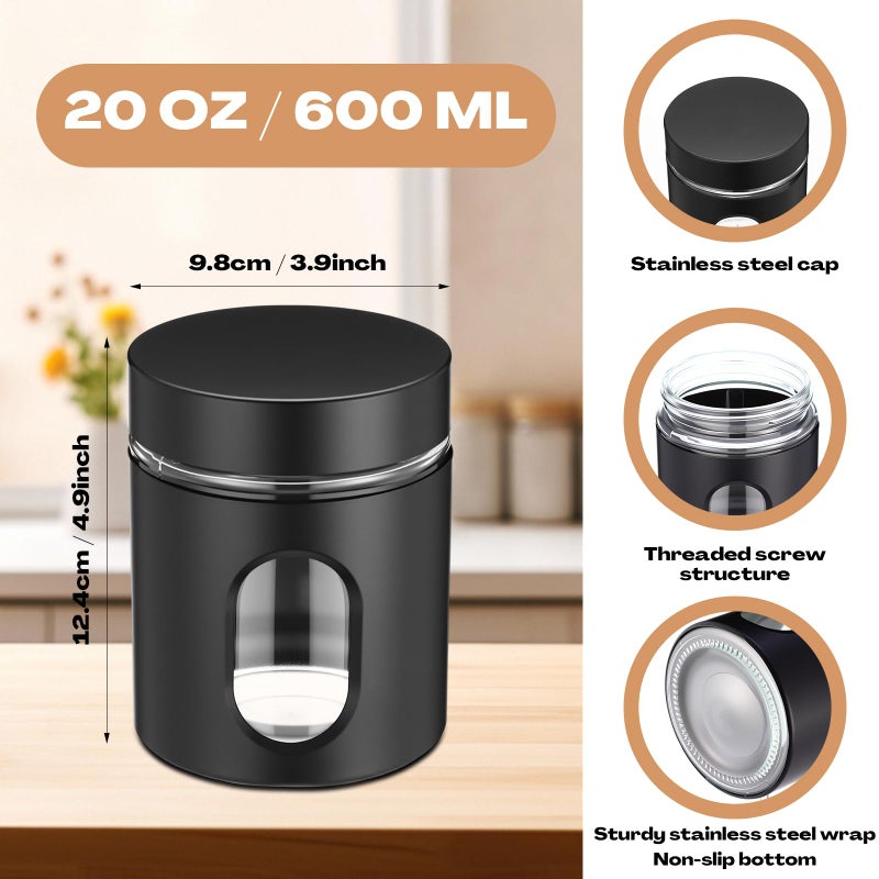 Mimorou 3 Pcs Stainless Steel Canister Set with Glass Windows Visible Storage Jars Silver Kitchen Canister Set for Pasta Flour Oat Sugar Container, Kitchen Tools, Housewarming Gifts (Black,20 oz) - Image 2