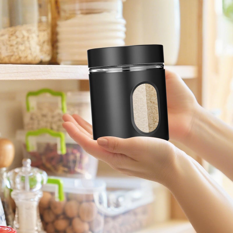 Mimorou 3 Pcs Stainless Steel Canister Set with Glass Windows Visible Storage Jars Silver Kitchen Canister Set for Pasta Flour Oat Sugar Container, Kitchen Tools, Housewarming Gifts (Black,20 oz) - Image 5