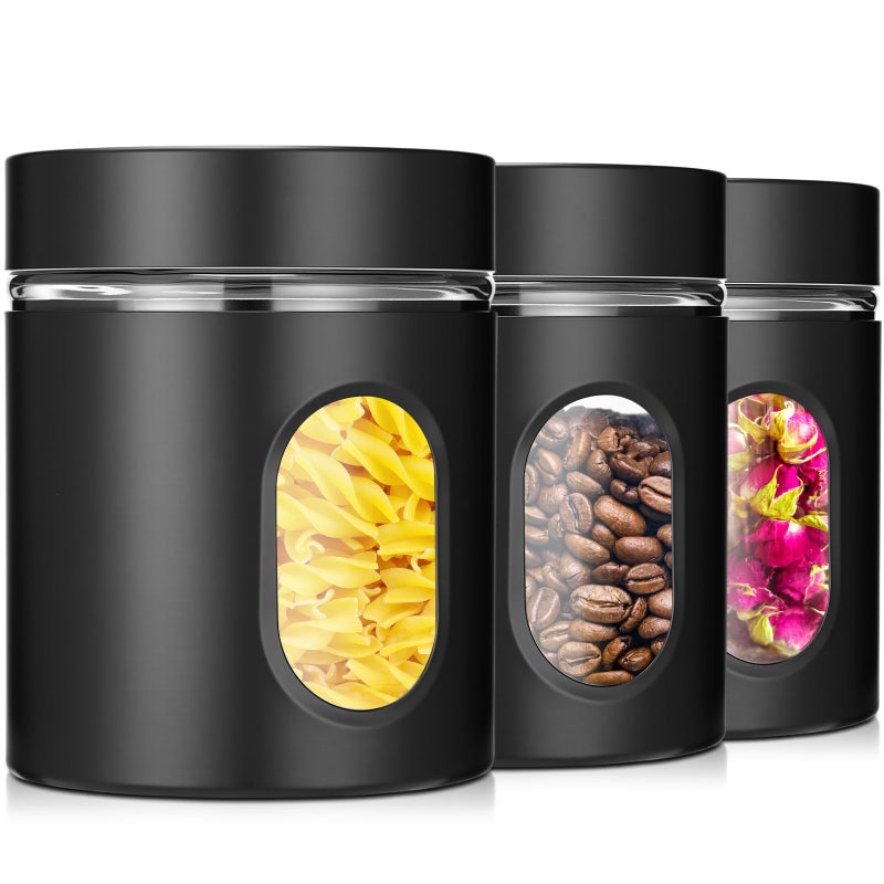 Mimorou 3 Pcs Stainless Steel Canister Set with Glass Windows Visible Storage Jars Silver Kitchen Canister Set for Pasta Flour Oat Sugar Container, Kitchen Tools, Housewarming Gifts (Black,20 oz) - Image 1