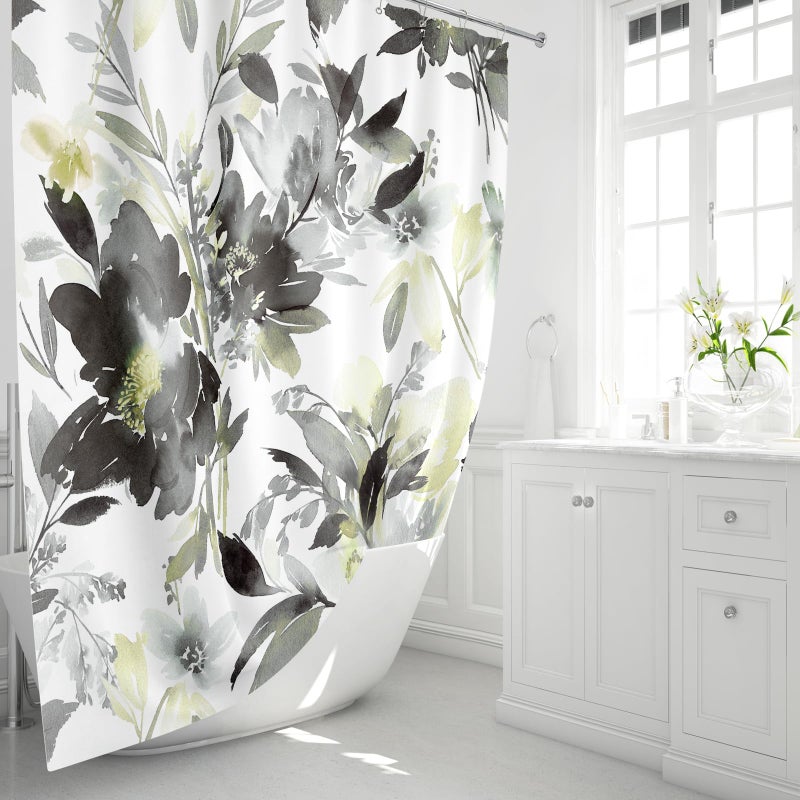 MAYZUS Grey Shower Curtain  Watercolor Black Floral Shower Curtain for Bathroom  Modern Abstract Flower Decorative Fabric Shower Curtain Set with Hooks 72x72 - Image 1