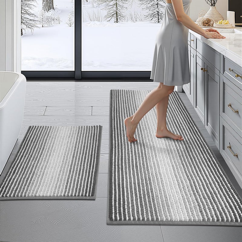 BSICPRO Bathroom Rugs and Mats Sets, 2 Piece Thick Absorbent Chenille Bath Mat Rug Set Non Slip, Soft Shaggy Bath Room Floor Mats for Bathroom, Machine Washable (Gray, 20" x 47" Plus 20" x 32") - Image 1