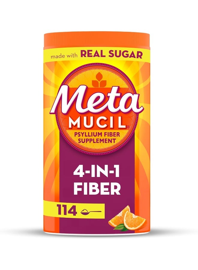 Metamucil, Fiber, 4-in-1 Psyllium Fiber Supplement Powder with Real Sugar, Orange Smooth Flavored Drink, 114 Servings - Image 1
