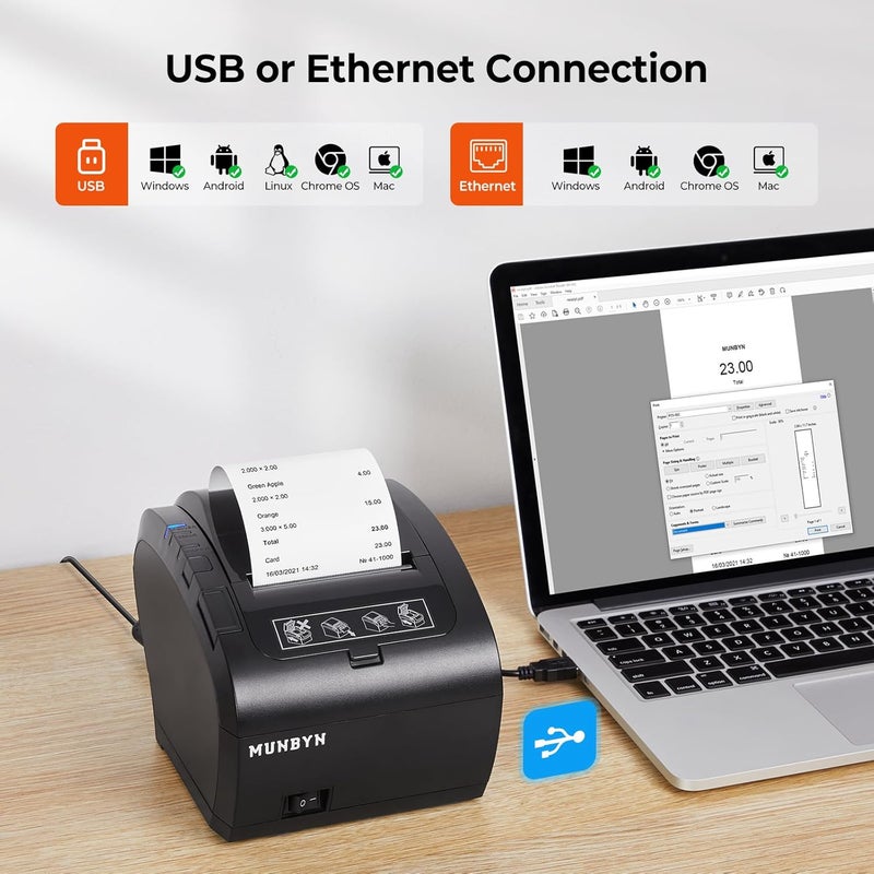 MUNBYN POS Printer, Receipt Printer USB Ethernet 80MM Thermal Printer P047, Impresora térmica, Black Supermarket POS Kitchen Printer with Auto Cutter Support Cash Drawer ESC/POS Windows System - Image 2