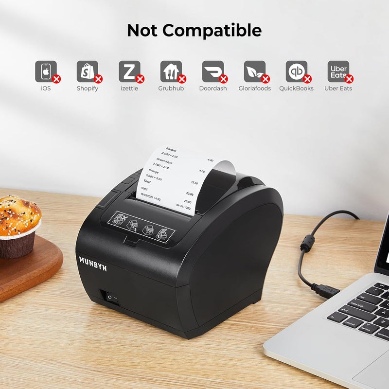 MUNBYN POS Printer, Receipt Printer USB Ethernet 80MM Thermal Printer P047, Impresora térmica, Black Supermarket POS Kitchen Printer with Auto Cutter Support Cash Drawer ESC/POS Windows System - Image 5