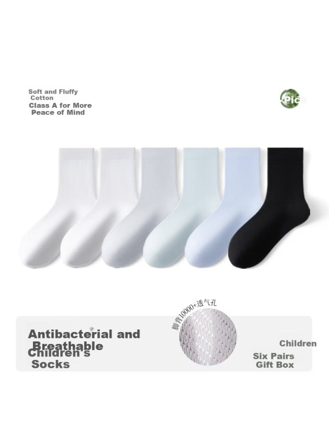 Shiwaji Children's Socks, 100% Cotton Class A, Thin Summer Style, Mesh Breathable, Odor-resistant, Boys And Girls Seamless Mid-calf Socks, 6 Pairs Pack, XL Size