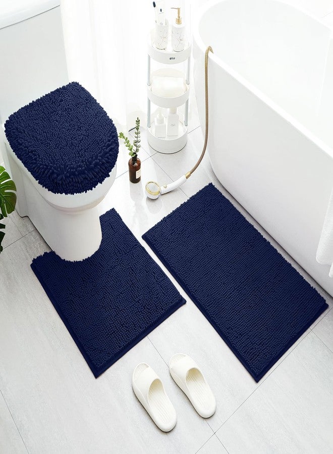 BYSURE Navy Blue Bathroom Rugs Sets 3 Piece with Toilet Lid Cover Non Slip Extra Absorbent Plush Chenille Soft Washable Bath Mats - Image 1