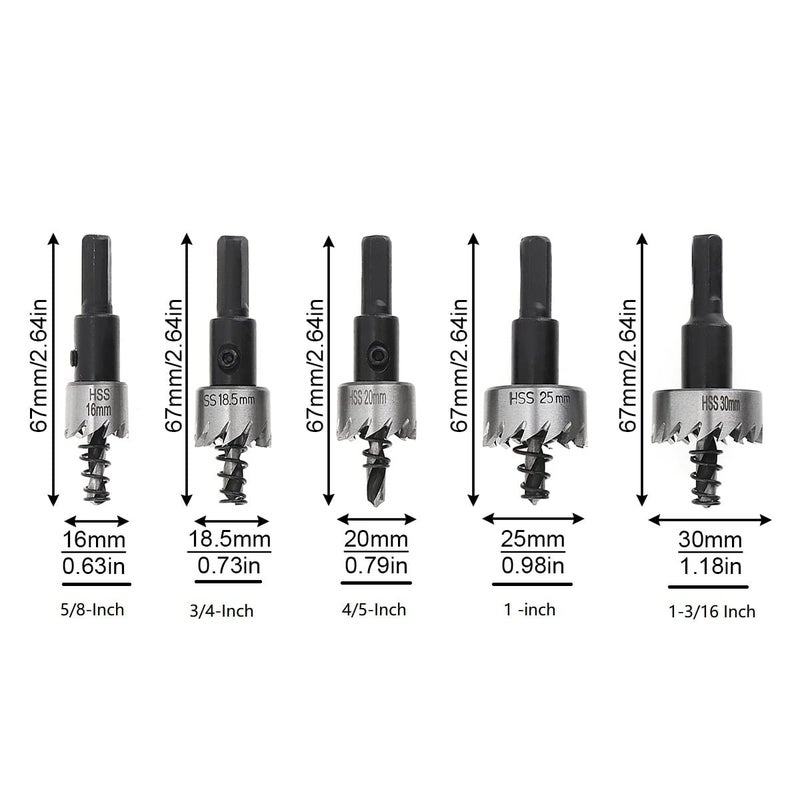 ChgImposs 5Pcs 16-30mm 5/8-Inch to 1-3/16 Inch HSS Hole Saw Cutter, Drill Bits Set Heavy Duty Tool Kit for Stainless Steel, Aluminum Alloy, Plastic and Wood - Image 1