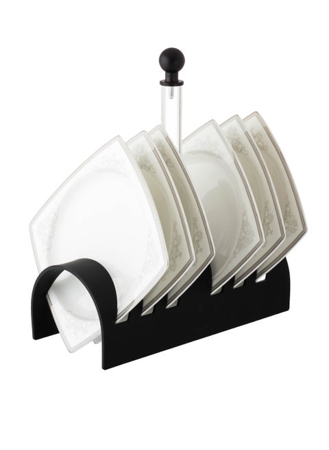 A set of dessert and fruit plates made of pure porcelain engraved in gold with a black acrylic stand.
