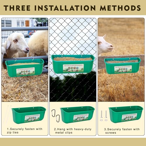 HEYTIMI 10 Pack Fence Feed Feeder 4.5 Quart Hanging Chicken Feeder Trough with Brush & Scoop Green Goat Hanging Fence Feeders Feeder with Hooks Screws & Zip Tie for Livestock Feeding Container Goats Supplies - Image 4