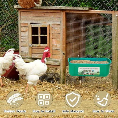 HEYTIMI 10 Pack Fence Feed Feeder 4.5 Quart Hanging Chicken Feeder Trough with Brush & Scoop Green Goat Hanging Fence Feeders Feeder with Hooks Screws & Zip Tie for Livestock Feeding Container Goats Supplies - Image 3
