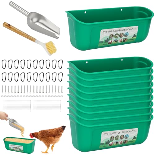 HEYTIMI 10 Pack Fence Feed Feeder 4.5 Quart Hanging Chicken Feeder Trough with Brush & Scoop Green Goat Hanging Fence Feeders Feeder with Hooks Screws & Zip Tie for Livestock Feeding Container Goats Supplies - Image 1