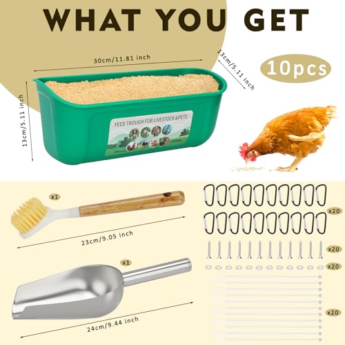 HEYTIMI 10 Pack Fence Feed Feeder 4.5 Quart Hanging Chicken Feeder Trough with Brush & Scoop Green Goat Hanging Fence Feeders Feeder with Hooks Screws & Zip Tie for Livestock Feeding Container Goats Supplies - Image 2