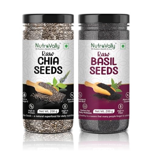 NutroVally Chia Seeds & Basil Seeds combo 400g|seeds combo pack (200g each)|High in Omega-3, Fiber & Protein| Chia seeds| Sabja seeds| combo pack |Supports Digestion, Hydration, Weight loss|Vegan - Image 1
