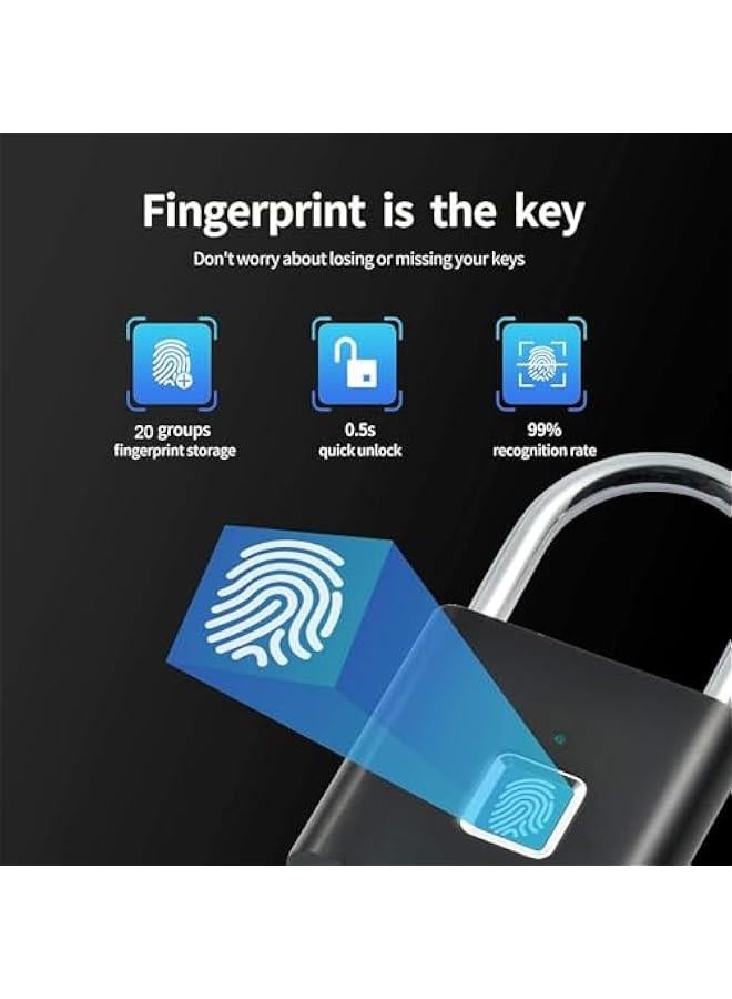 Fingerprint Padlock, Smart Pad Lock Small Portable Padlock with USB Charging, Waterproof Locker Lock, Rust-Proof Fingerprint Lock for Locker, Luggage, Gym, Suitcas, School, Bike (Black)  - Image 2