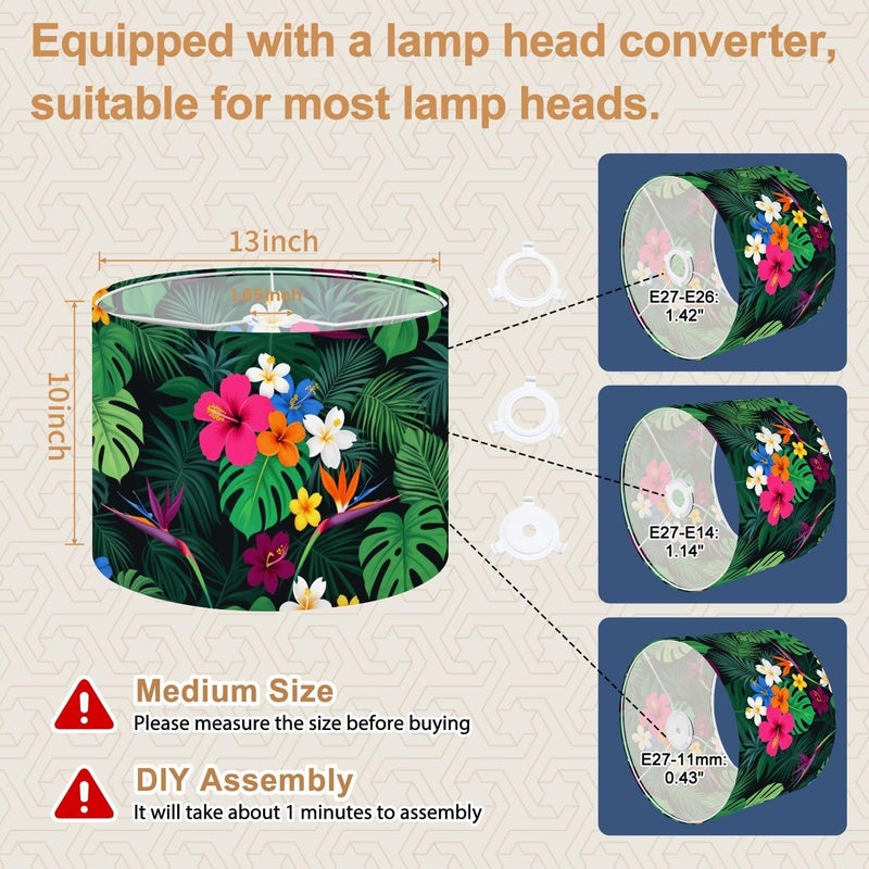 Drum Lamp Shade Tropical Floral Paradise Hibiscus Plumeria Bird Paradise Flowers Lampshade for Table Lamps Floor Lamps Pendant Light 13"x13"x10" Replacement Linen Large Lamp Shade Easy Assembly - Image 2