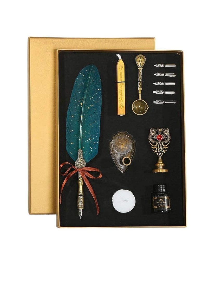Generic Feather Calligraphy Pen Ink Set, Quill Pen Set Includes Feather Dip Pen, Ink, 5Replacement Nibs,3Wax Seal Sticks, Pen Holder, Seal Stamp  - Image 1