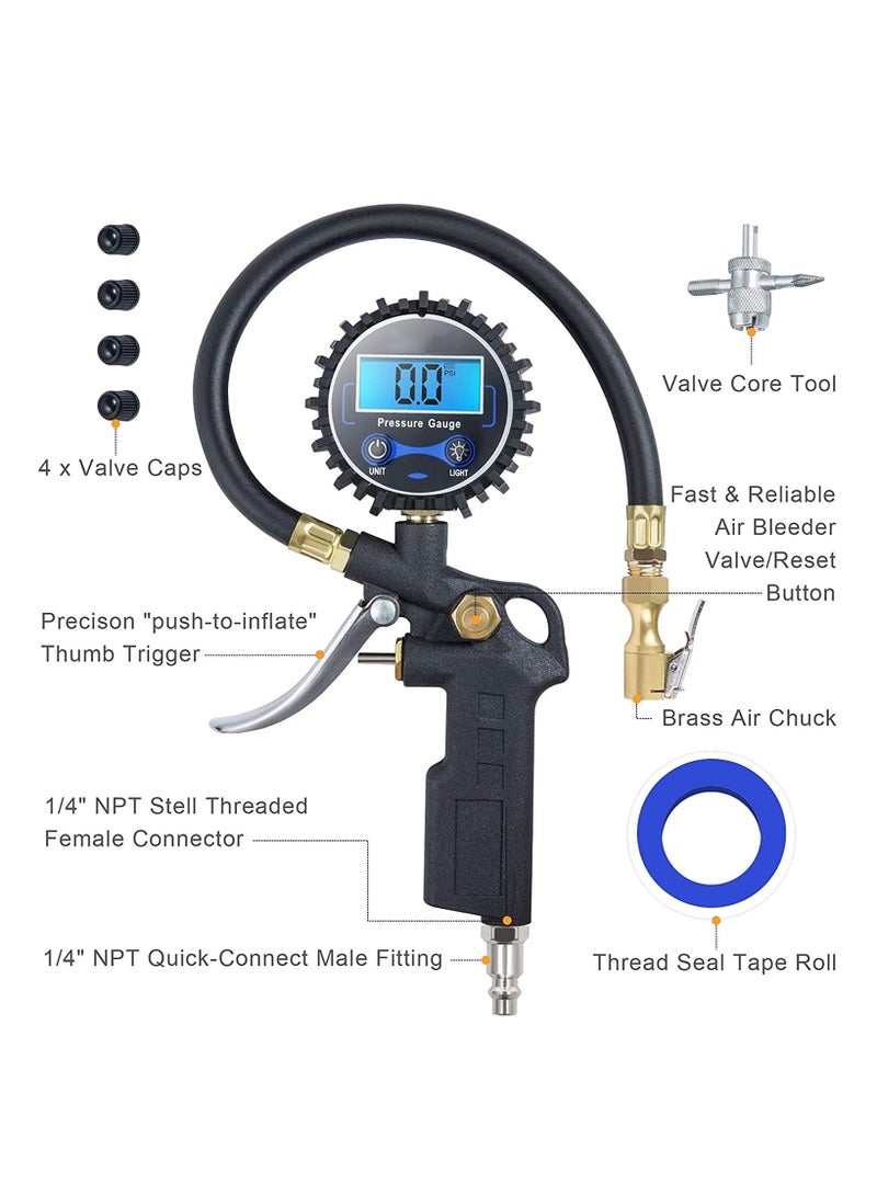 Digital Tire Inflator with Pressure Gauge, 250 PSI Air Chuck and Compressor Accessories Heavy Duty Rubber Hose Quick Connect Coupler for 0.1 Display Resolution - Image 5
