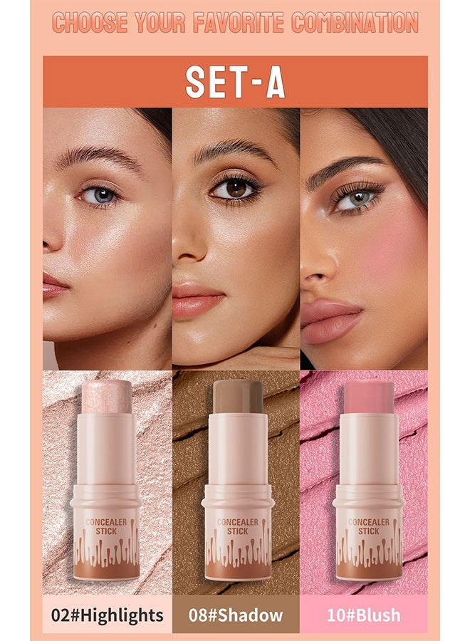 HelloKiss Concealer Stick Three  Colors Combination Set Concealer Sticks Kit, Contour Highlighter Blush Makeup Set Blusher Bronzer Highlighting Sticks For Cheek Long Lasting Smooth Natural Face Contouring Illuminator - Image 2