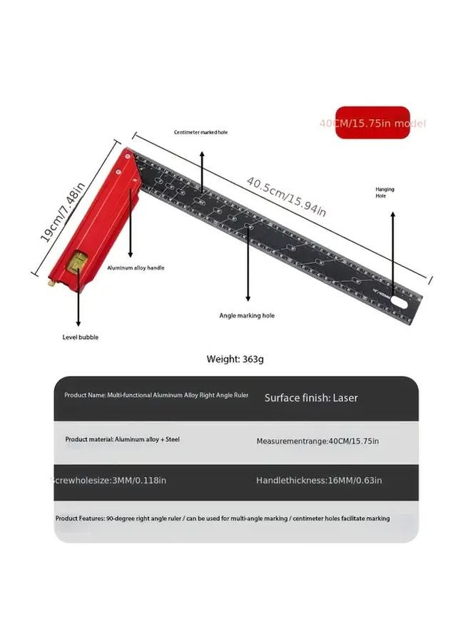 Multifunctional Aluminum Alloy Square Ruler 15 75 Inch Dual Scale Markings Red Handle - Image 1