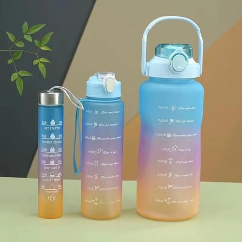 Inditradition 3 Pieces Combo Motivational Water Bottle Set For Day-to-Day Routine | With Time Marker, Funny Stickers, Straw & Handle (2L+900ml+280ml) (Blue With Multi Shades) - Image 1