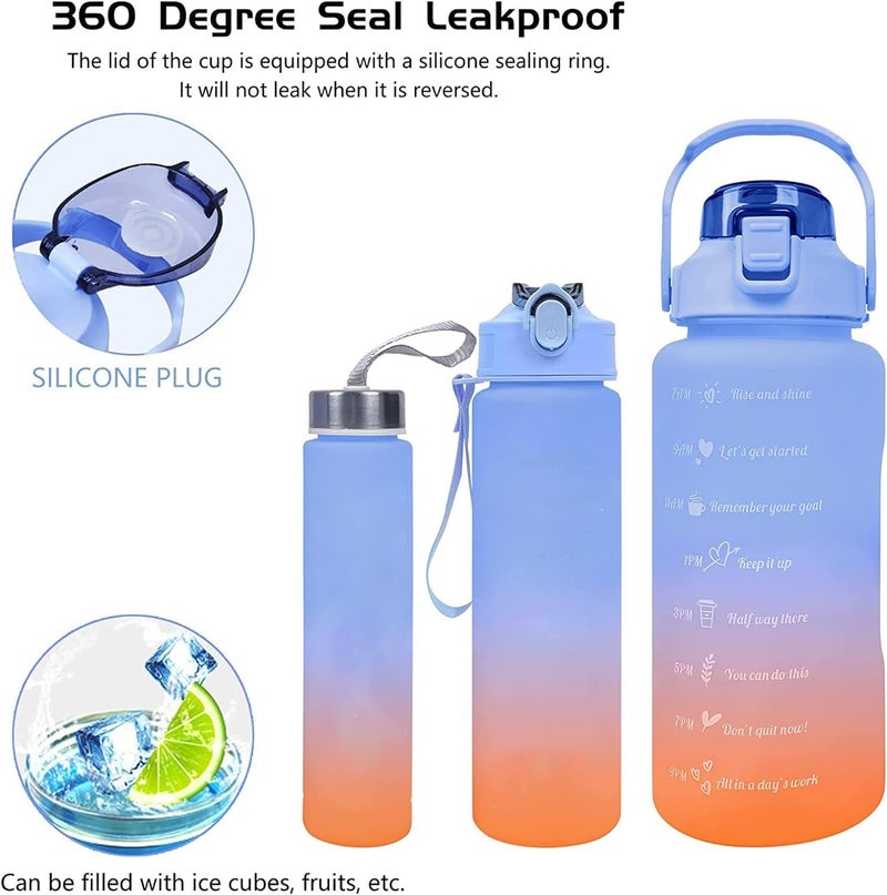 Inditradition 3 Pieces Combo Motivational Water Bottle Set For Day-to-Day Routine | With Time Marker, Funny Stickers, Straw & Handle (2L+900ml+280ml) (Blue With Multi Shades) - Image 3