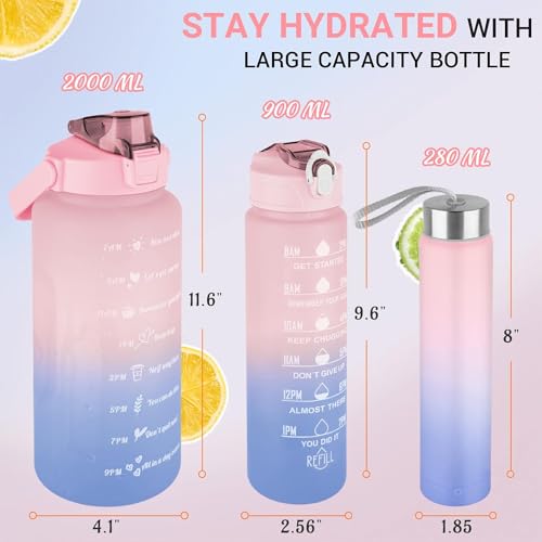 Inditradition 3 Pieces Combo Motivational Water Bottle Set For Day-to-Day Routine | With Time Marker, Funny Stickers, Straw & Handle (2L+900ml+280ml) (Blue With Multi Shades) - Image 2