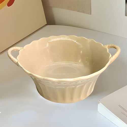Lemon Tree Round Deep Serving Bowl with Double Handle, Microwave & Dishwasher Safe for Serving Snacks, Pasta, Salads, Desserts, Nachos, Chips, Vegetables, and Savouries (Beige) - Image 4