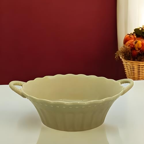 Lemon Tree Round Deep Serving Bowl with Double Handle, Microwave & Dishwasher Safe for Serving Snacks, Pasta, Salads, Desserts, Nachos, Chips, Vegetables, and Savouries (Beige) - Image 1