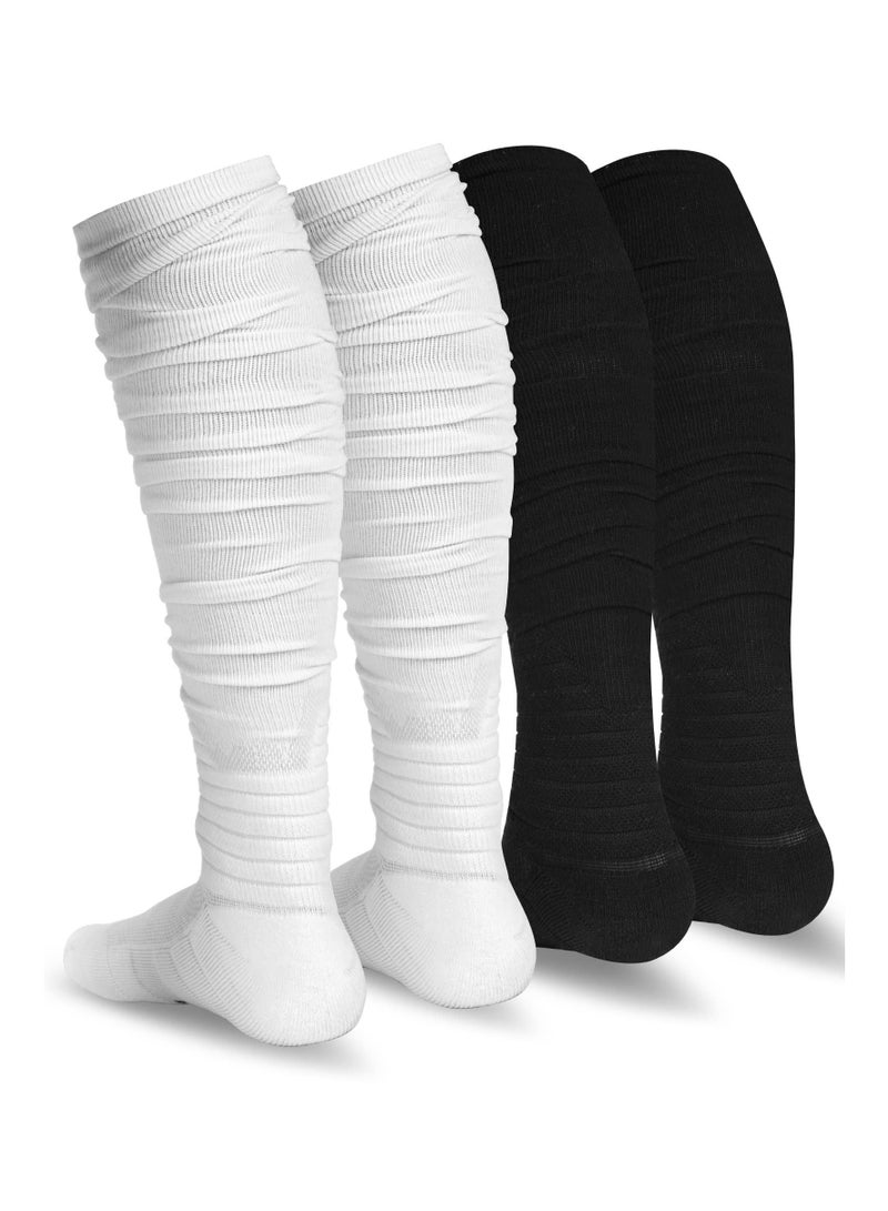 Captaintech Football Socks Ultra Long, 2 Pack Scrunch Socks Football, Combed Cotton With Ankle Support, Padded Athletic Socks for Men & Women, Black and White - Image 1