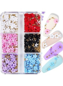CESUSME 3D Colorful Flower Nail Charms White Pink Blue Purple Red Black Flowers Acrylic Nail Art Decals Charms with Pearls Metal Golden Round Beads for Nail Art DIY Crafting Decal Accessories 