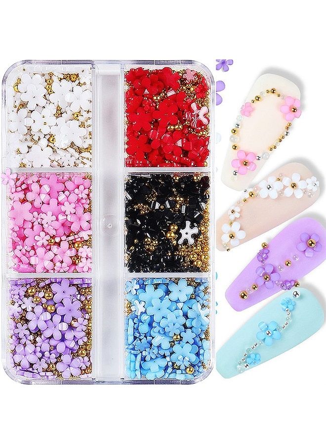 3D Colorful Flower Nail Charms White Pink Blue Purple Red Black Flowers Acrylic Nail Art Decals Charms with Pearls Metal Golden Round Beads for Nail Art DIY Crafting Decal Accessories