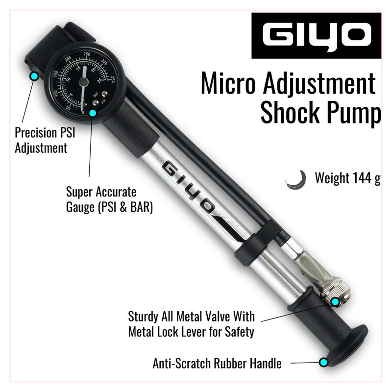 GIYO High Pressure Shock Pump (350 PSI) â€“ Strong Lever Lock for No Air Loss, Aluminum Barrel, 1.5" Dial Gauge, Micro-Adjust Bleeder, 360Â° Rotating Hose, Taiwan-Made - Image 2