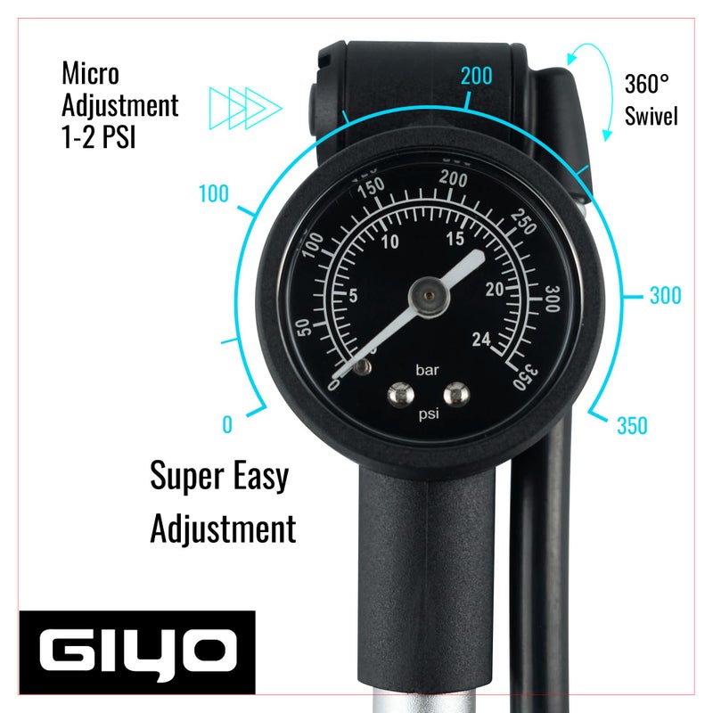 GIYO High Pressure Shock Pump (350 PSI) â€“ Strong Lever Lock for No Air Loss, Aluminum Barrel, 1.5" Dial Gauge, Micro-Adjust Bleeder, 360Â° Rotating Hose, Taiwan-Made - Image 4