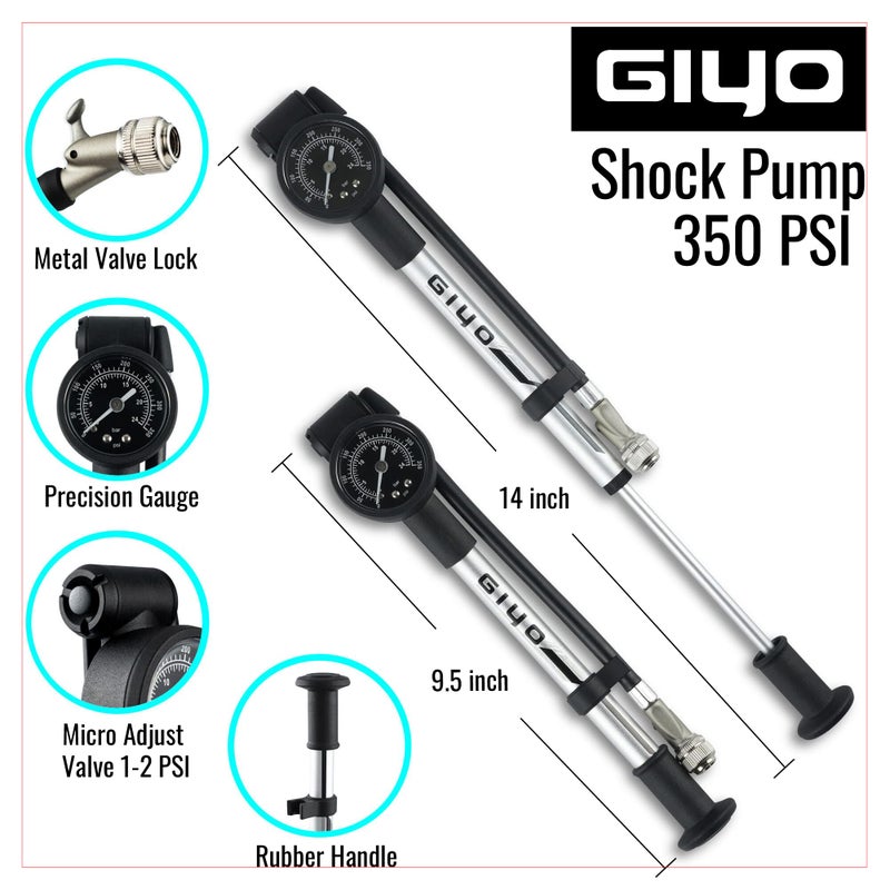 GIYO High Pressure Shock Pump (350 PSI) â€“ Strong Lever Lock for No Air Loss, Aluminum Barrel, 1.5" Dial Gauge, Micro-Adjust Bleeder, 360Â° Rotating Hose, Taiwan-Made - Image 3