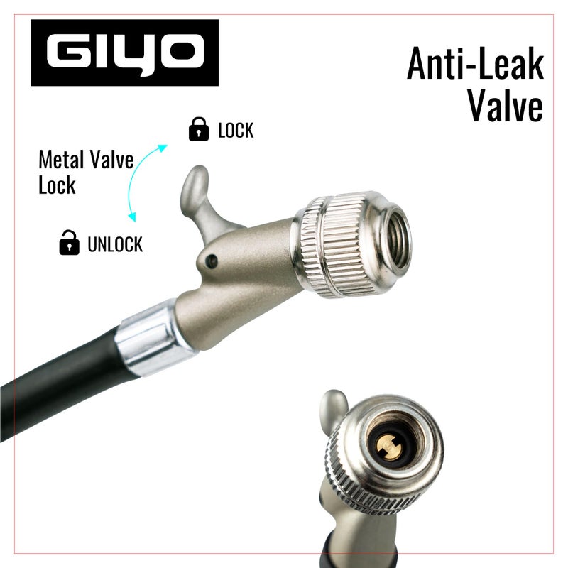 GIYO High Pressure Shock Pump (350 PSI) â€“ Strong Lever Lock for No Air Loss, Aluminum Barrel, 1.5" Dial Gauge, Micro-Adjust Bleeder, 360Â° Rotating Hose, Taiwan-Made - Image 5